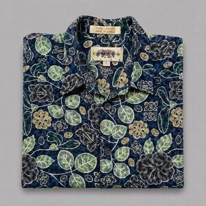 Vintage Campia Moda Mens Large Rayon Floral Button Down Shirt Navy Blue Green